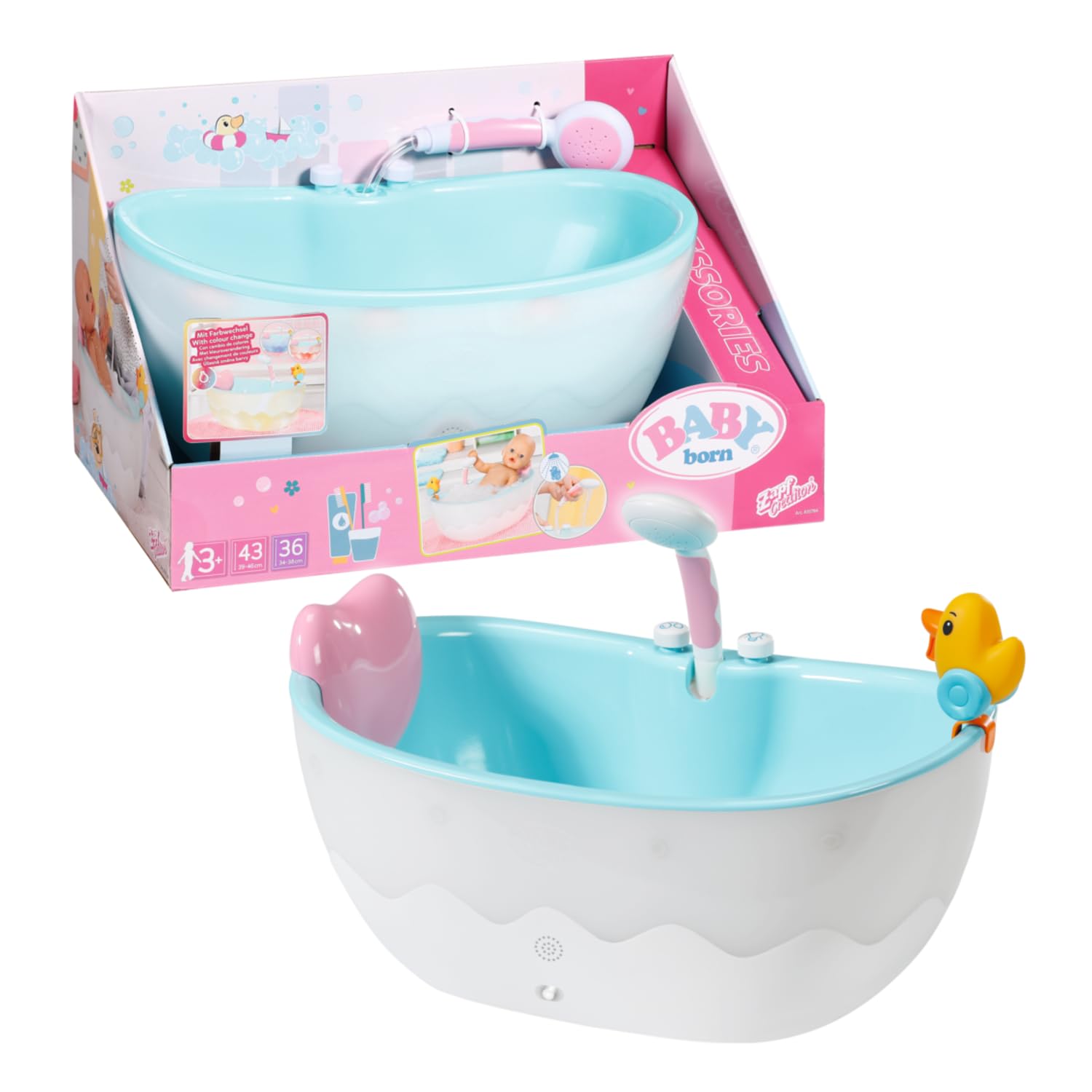 Baby Born Bath 835784 - Puppenzubehör von 36 und 43 cm mit Licht- / Soundeffekten, inklusive Kissen und Ente, batteriebetrieben, für Kinder ab 3 Jahren