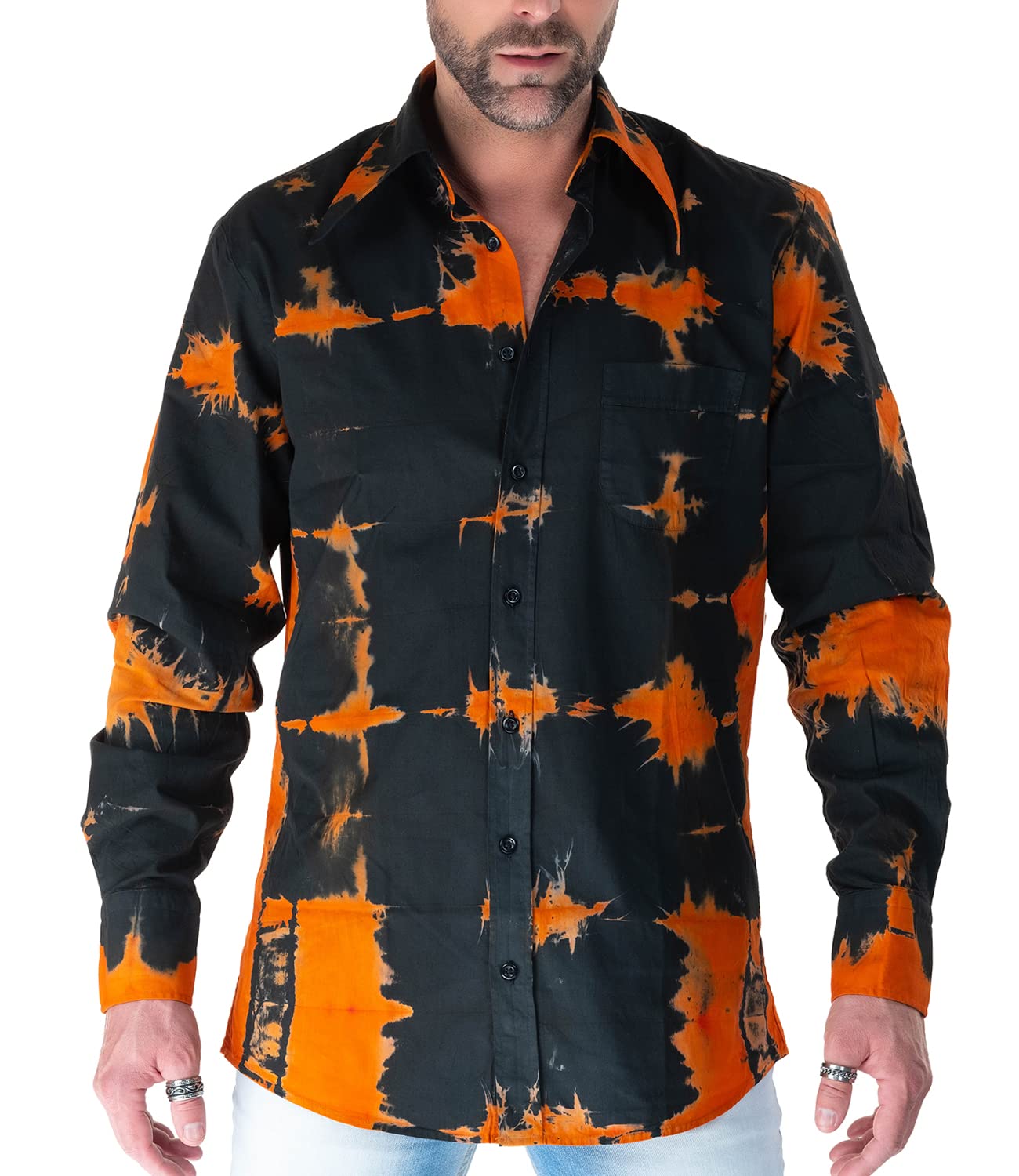 Comycom 70er Jahre Stil Batik Hemd Orange-Schwarz Design M