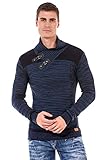 Cipo & Baxx Herren Fein Strick Pullover Grob Schalkragen Riemen Meliert Pulli Sweater CP251 Dunkelblau-Blau S