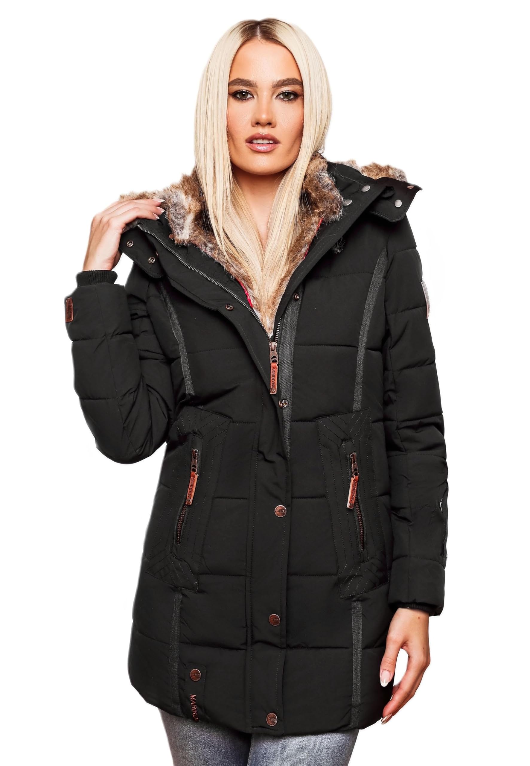 MARIKOO warme Damen Winter Jacke Winterjacke Steppjacke gefüttert Kunstfell B658 [B658-Nek-Schwarz-Gr.XS]