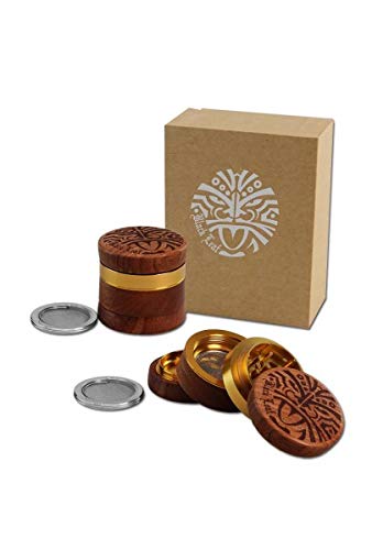 Black Leaf Grinder Maori Print 4-teilig Ø 60 mm | hochwertiger Aluminium/Holz Crusher mit Pollenkammer | Premium Grinder mit Diamantschliff