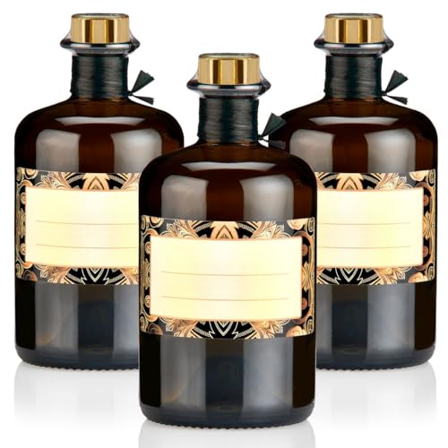 3x Apothekerflaschen braun 500ml Geschenkset mit Korken gold, Band, Kapseln & 3 Etiketten Motiv Paris, 0,5L Glasflaschen schwarz antik leer, Braunglas Flaschen für Öl, Gin uvm.