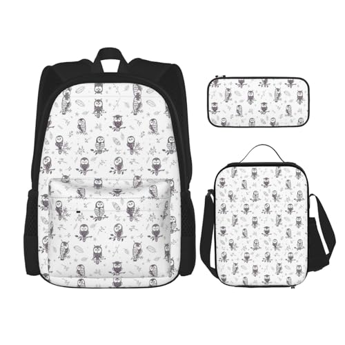 WURTON Verstellbare Schultergurte mit Eulen-Motiv, Rucksack-Set, Lunchtasche, Federmäppchen, Kombinationstaschen-Set