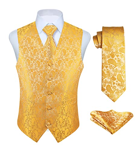 Enlision Anzugweste gelb Herren Hochzeit Paisley Westen & Krawatte Einstecktuch Party Floral Jacquard Anzug Weste Set S