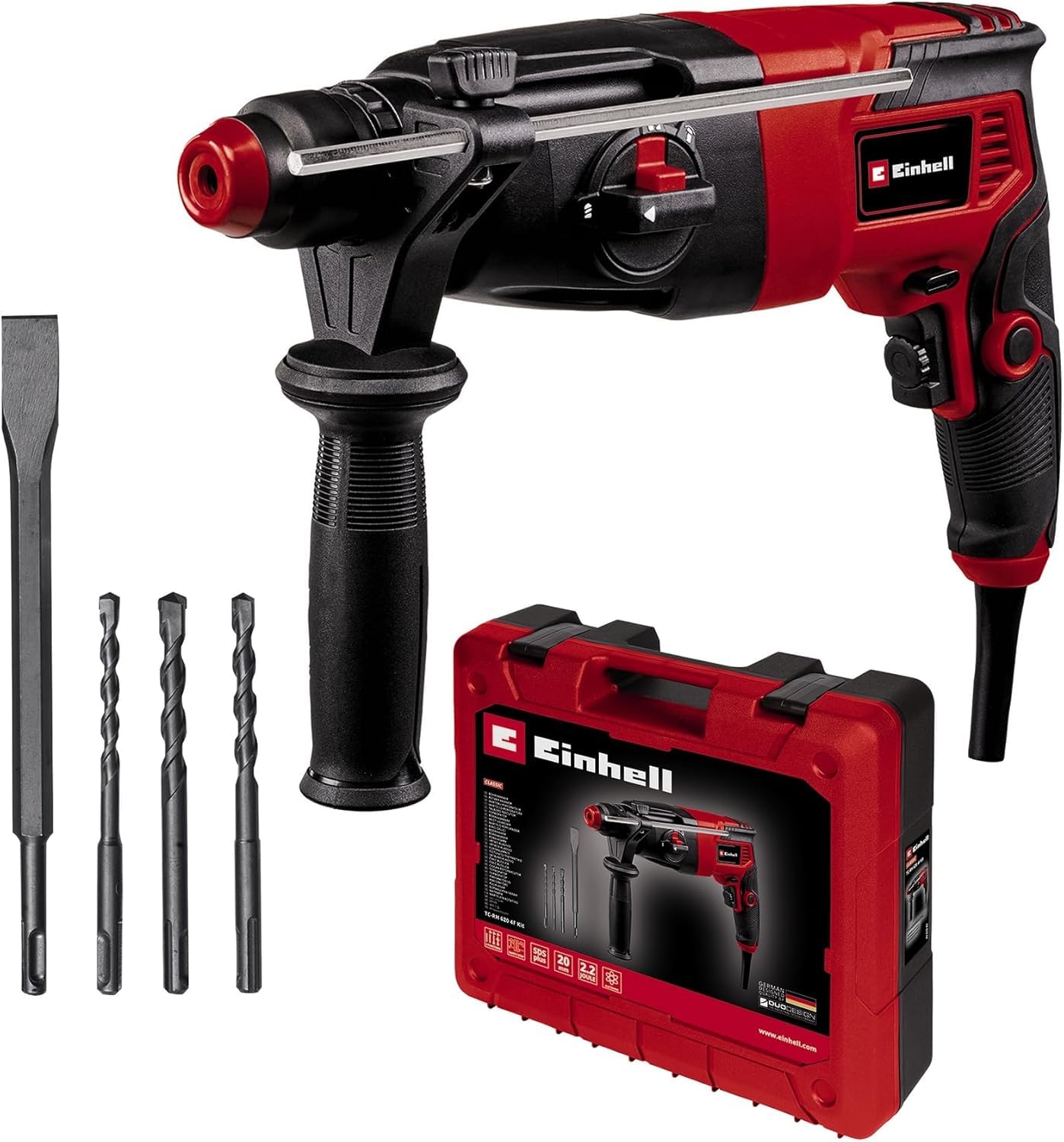 Einhell Bohrhammer TC-RH 620 4F Kit (620 W, pneumatisches Schlagwerk, 2,2 J Schlagstärke, Hammerbohren, Bohren, Meißeln mit & ohne Fixierung, SDS-Plus, Dauerlaufarretierung)