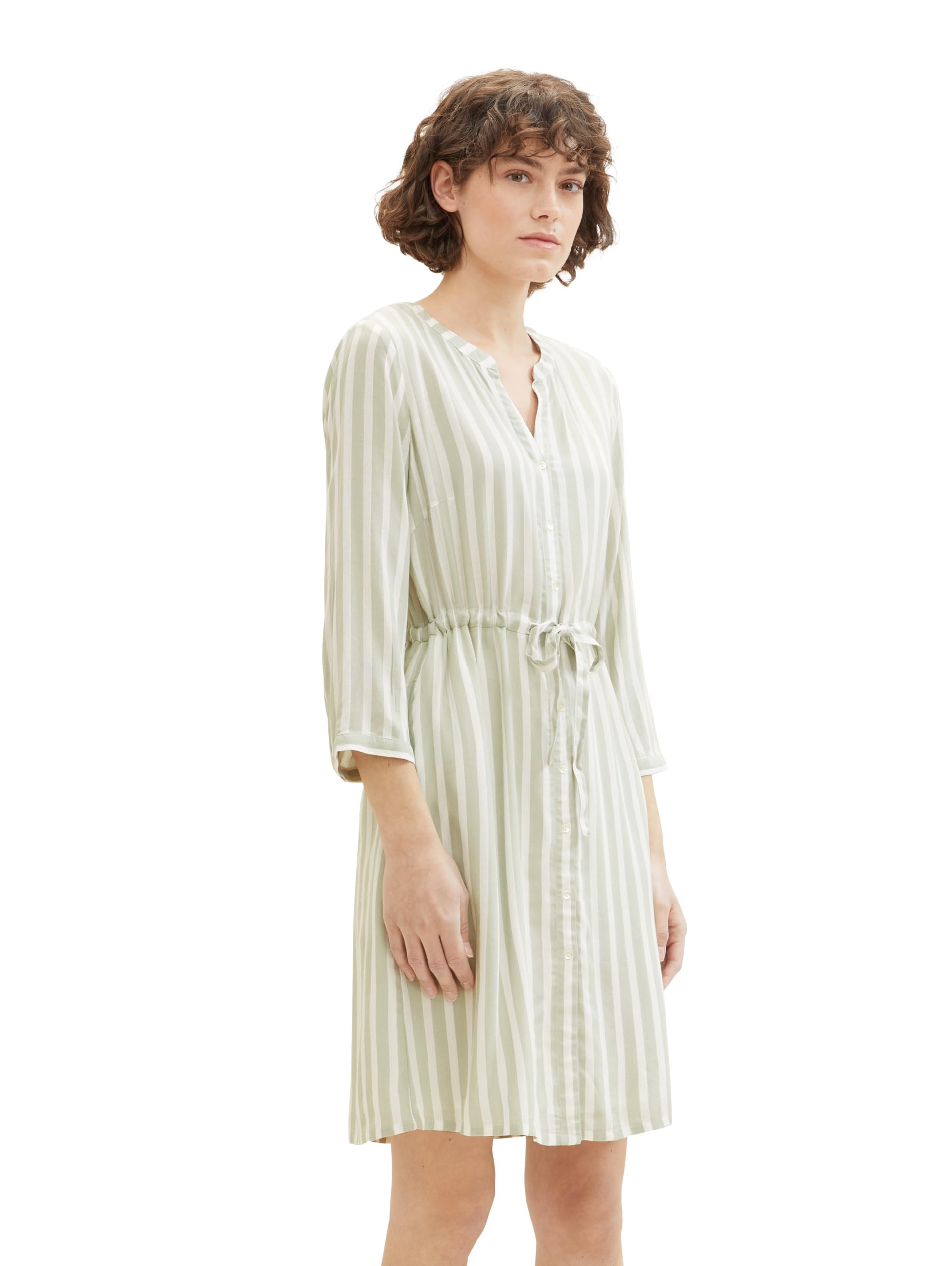 TOM TAILOR Damen Kleid mit Streifen & Bindegürtel, green offwhite stripe, 42