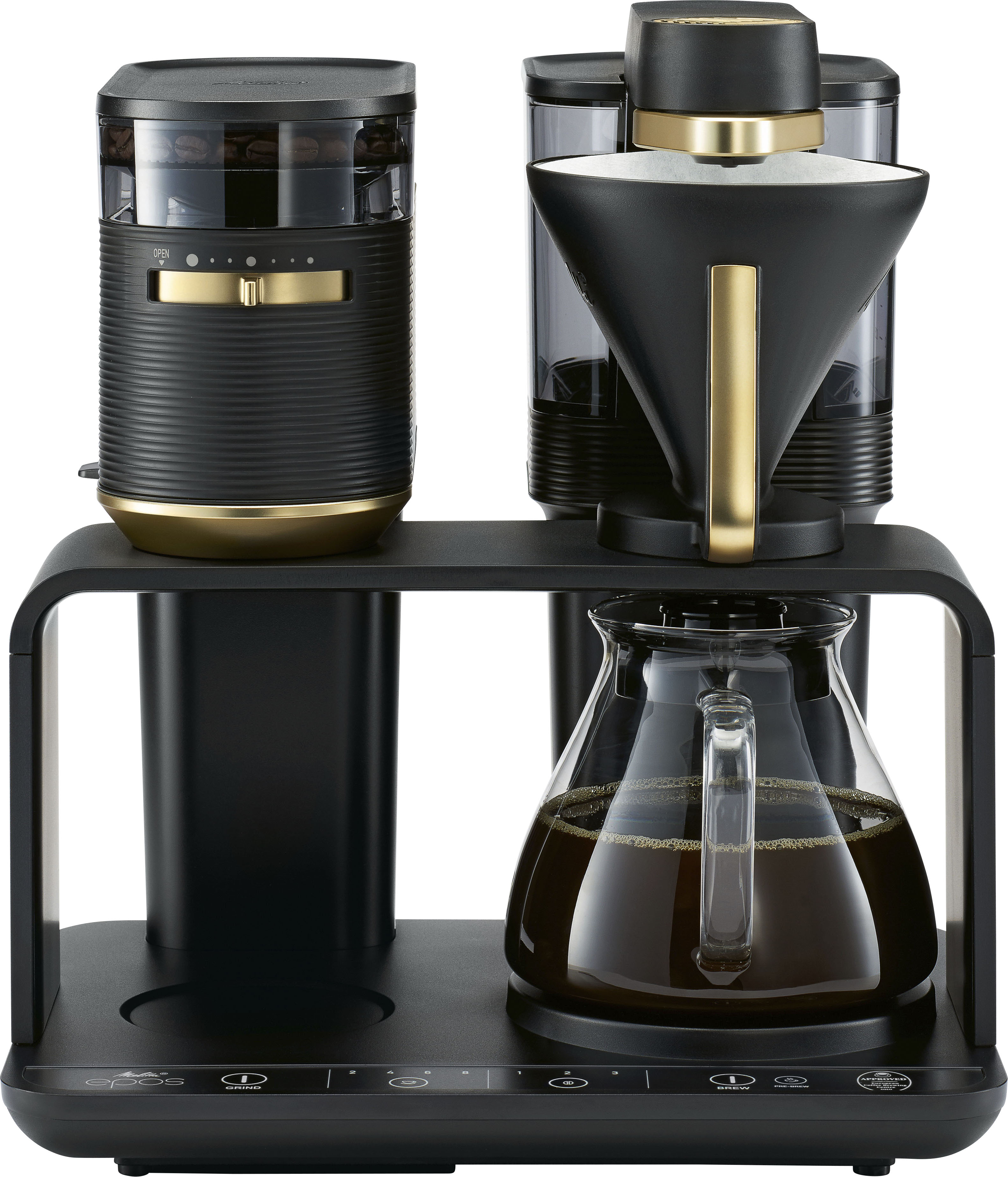 Melitta Kaffeemaschine mit Mahlwerk "EPOS 1024-04", 1 l Kaffeekanne, Papierfilter, 1x4, Schwarz/Gold, 360rotierender Wasserauslauf