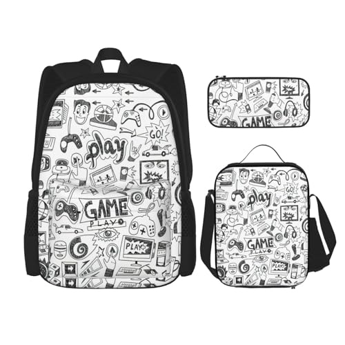 WURTON Videospiel Jungen Druck Trendy Rucksack Taschen Lunchbox und Federmäppchen 3 in 1 Verstellbarer Rucksack Set, Schwarz, Einheitsgröße, Schwarz , Einheitsgröße