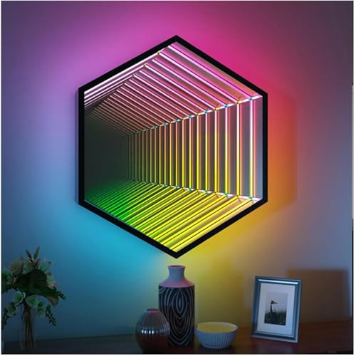 Qiang 3D-Farbwechsel-Tunnellicht,2-in-1-Spiegel-Tunnellicht,Ferngesteuerter LED-Infinity-Wandspiegelrahmen mit Mehrfarbigem Wechsellicht,für Wohnzimmer,Partybar zu Hause,Hexagon-50cm