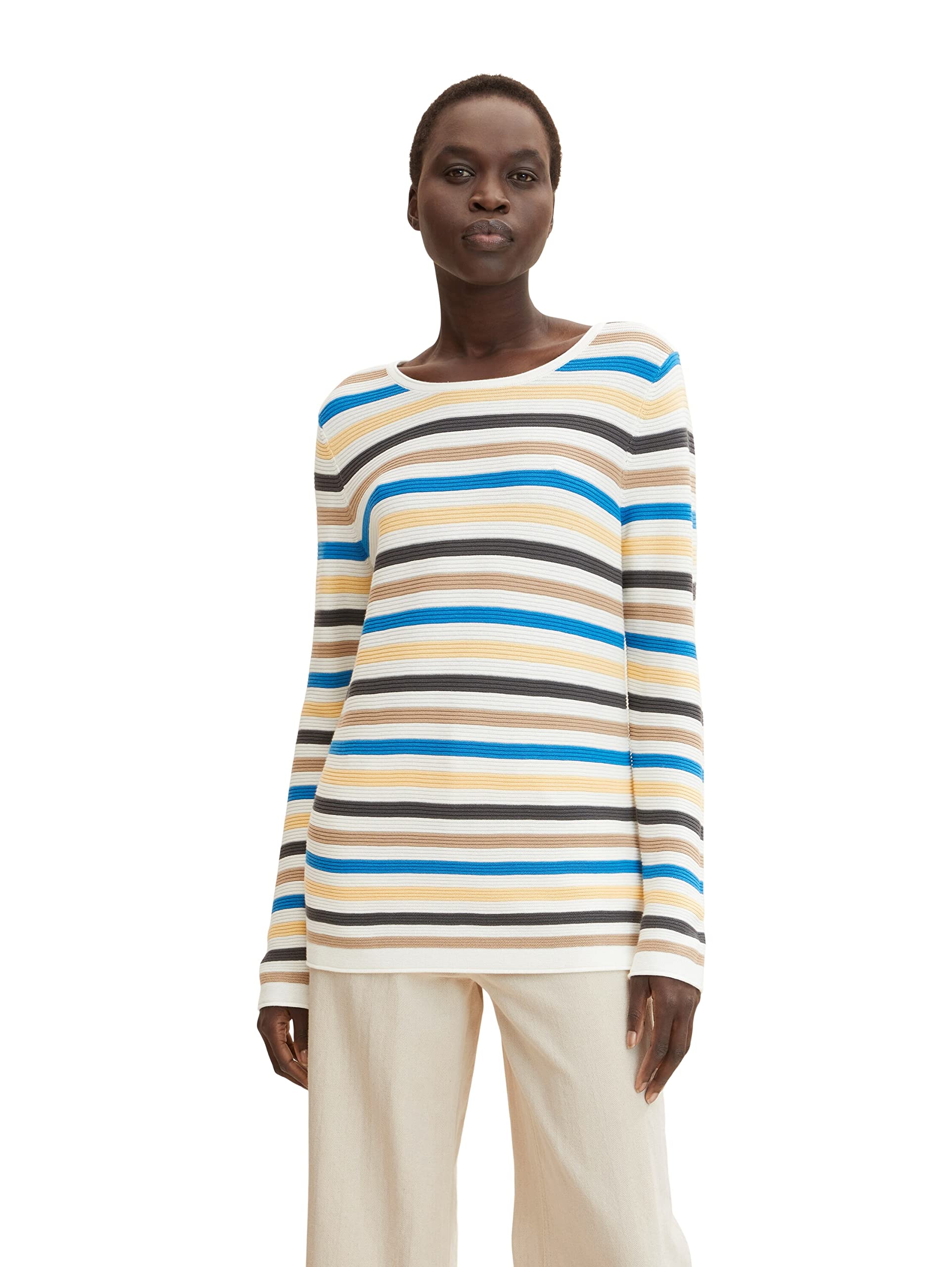 TOM TAILOR Damen Basic Strickpullover aus Bio-Baumwolle, 30353 - Blue Multicolor Stripe, XL