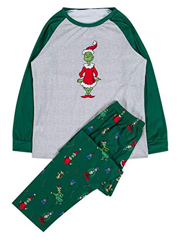 SOMTHRON Familien Weihnachtsanzug Grinch Druck Pyjama Set Schlafanzug Langarm Shirt und Pyjamahose(GR1,XL)