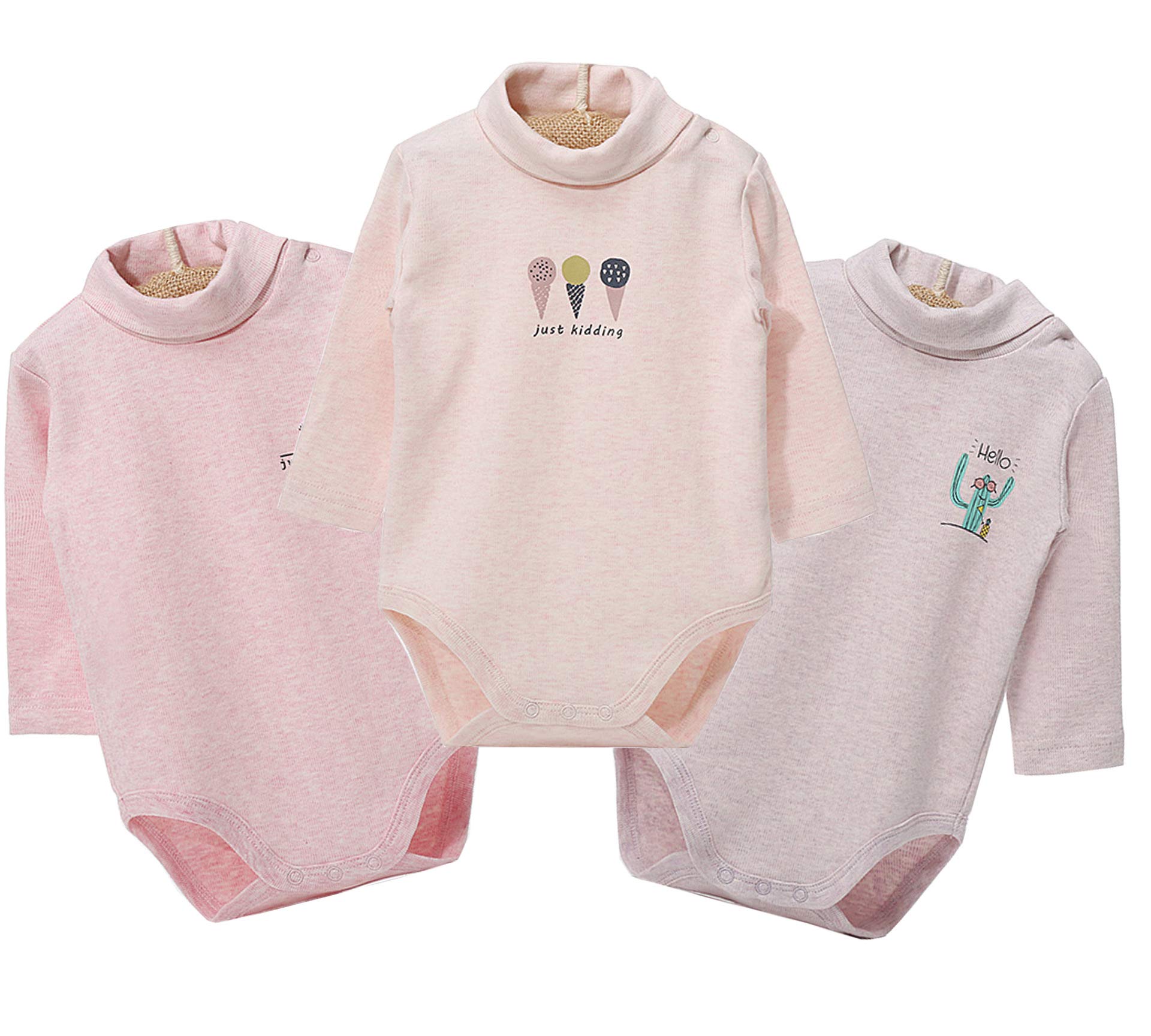 Blueleyu Baby-Body mit langen Ärmeln, Rollkragen, 100 % Baumwolle, 4er-Pack, 3 Stück (rosa Serie), 92