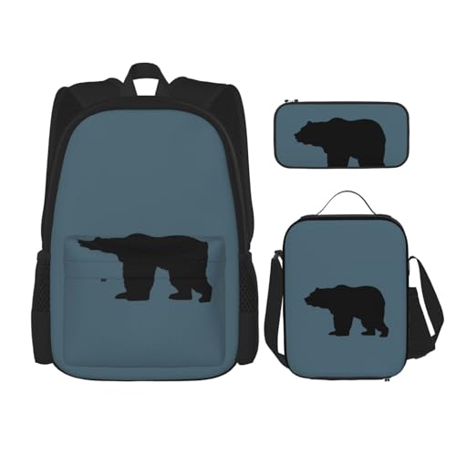 WURTON Rucksack mit Bären-Druck, 3-in-1, Büchertaschen-Set, Lunchbox, Federmäppchen, Reise-Laptop, Tagesrucksäcke, Schwarz, Einheitsgröße