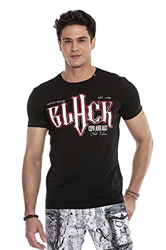 Cipo & Baxx Herren T-Shirt Freizeitshirt Kurzarm Rundhalsausschnitt Print Casual CT617 Schwarz M