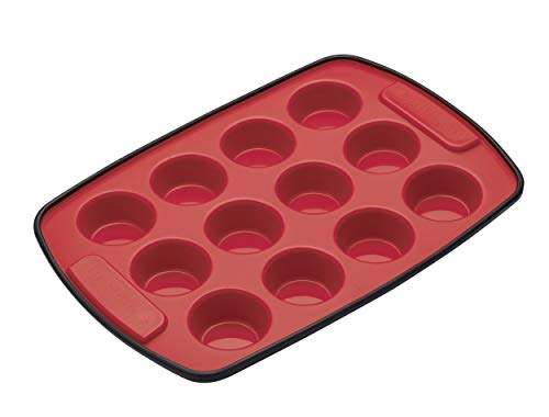 MasterClass „Smart“ Silikon-Mini-Muffin/Cupcake-Backblech mit 12 Mulden, 29 x 20 cm, Rot/schwarz, 12 x 17 x 22 cm