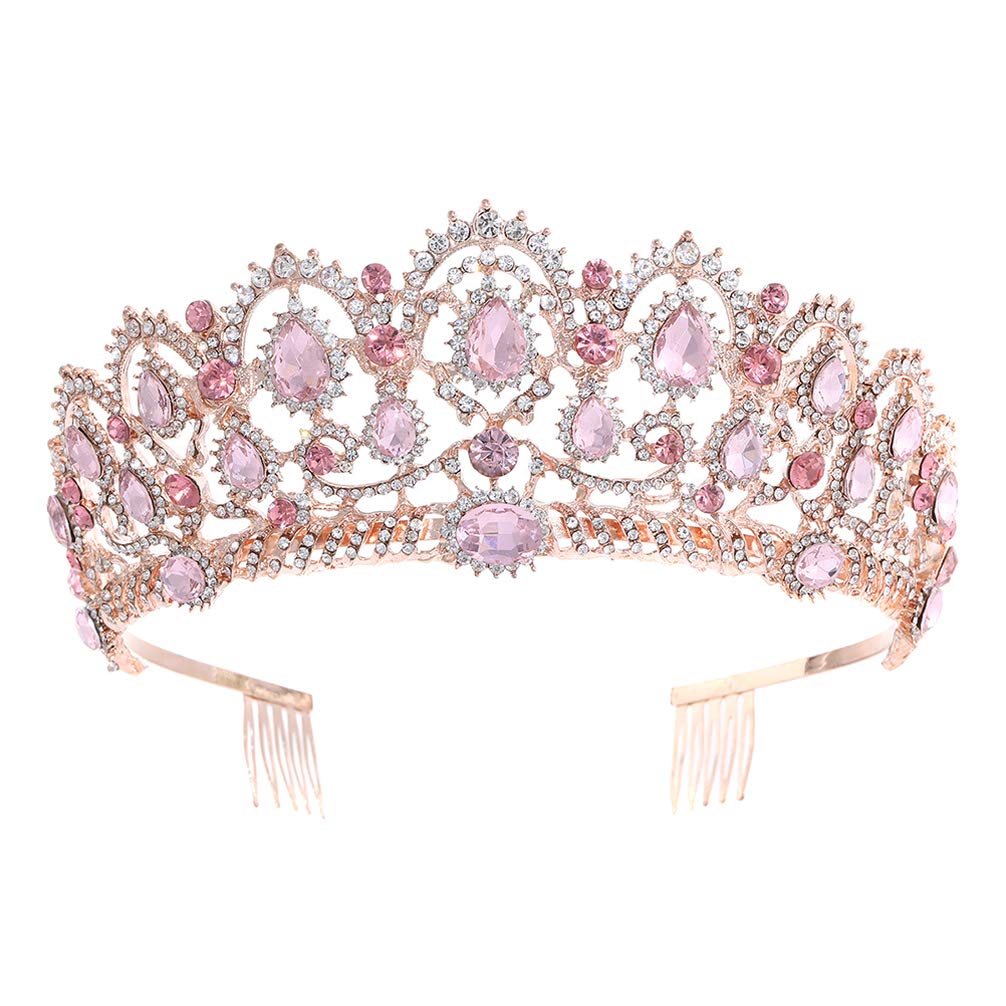 AIHEDOUJ Hochzeit Tiara Kristall Strass Tiara Krone mit Kamm Festzug Prinzessin Krone Haarschmuck für Frauen Damen Krone (Farbe: Roségold und Weiß) Stirnbänder (Farbe: Roségold und Rosa)