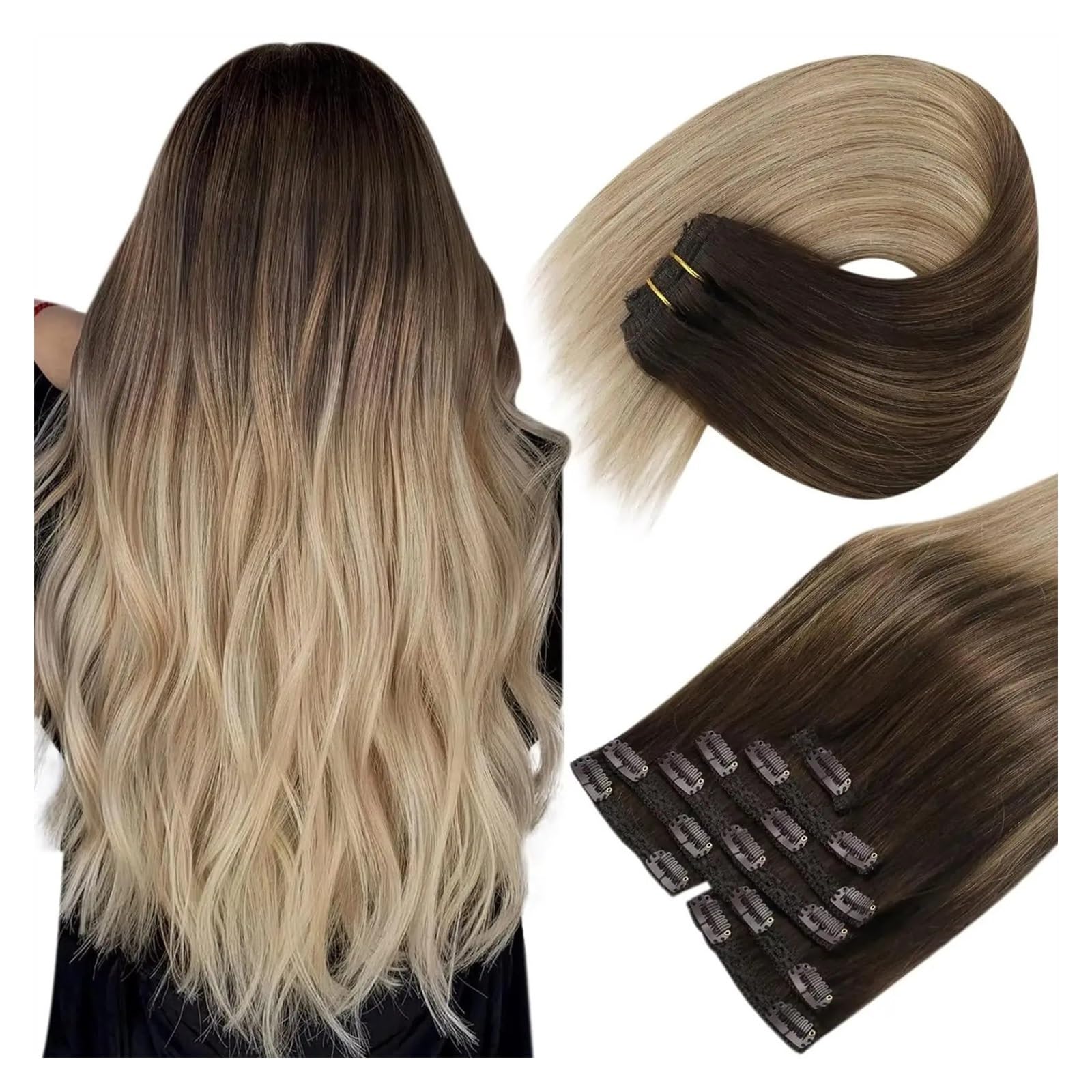 Clip-in-Haarverlängerungen 7 Stück Echthaar-Clip-in-Haarverlängerungen, Ombré-Braunblond, Clip-in-Extensions, Dunkelbraun, Balayage, Goldblond, Ombré-Platinblond, 30,5–61 cm Clip-in-Haarverlängerungen