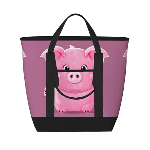 YQxwJL Pinks isolierte Kühltasche mit niedlichem Schweine-Aufdruck, großes Fassungsvermögen, Einkaufstasche, Reisetasche, Strand, wiederverwendbare Einkaufstasche für Erwachsene, Schwarz,