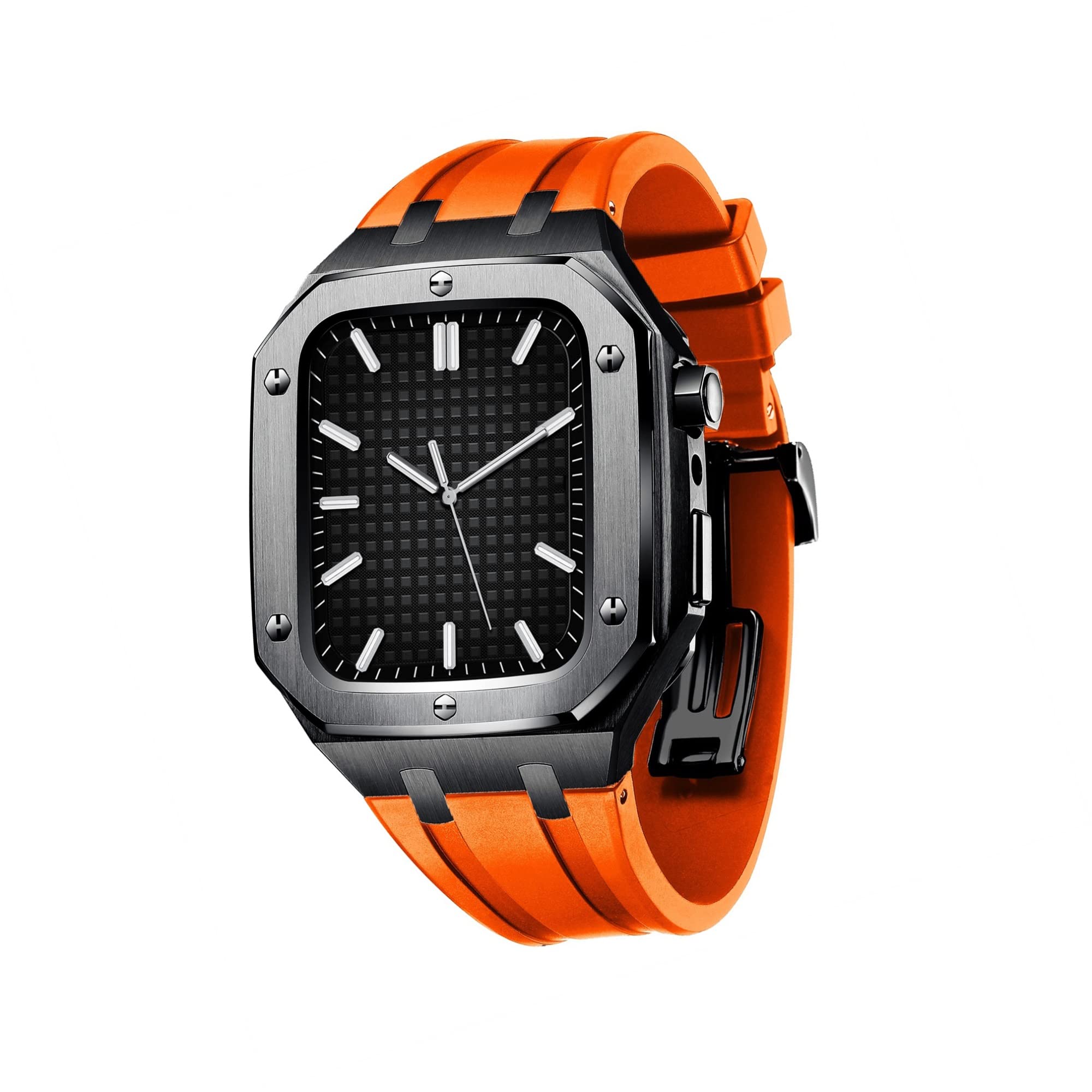 KANUZ Militärisches Metallgehäuse, Uhrenarmbänder für Apple Watch, Mod-Kit, Zubehör Serie 7, SE, 6, 5, 4, Silikonband, stoßfest, 45 mm, 44 mm (Farbe: Schwarz-Orange, Größe: 44 mm für 6/5/4/SE