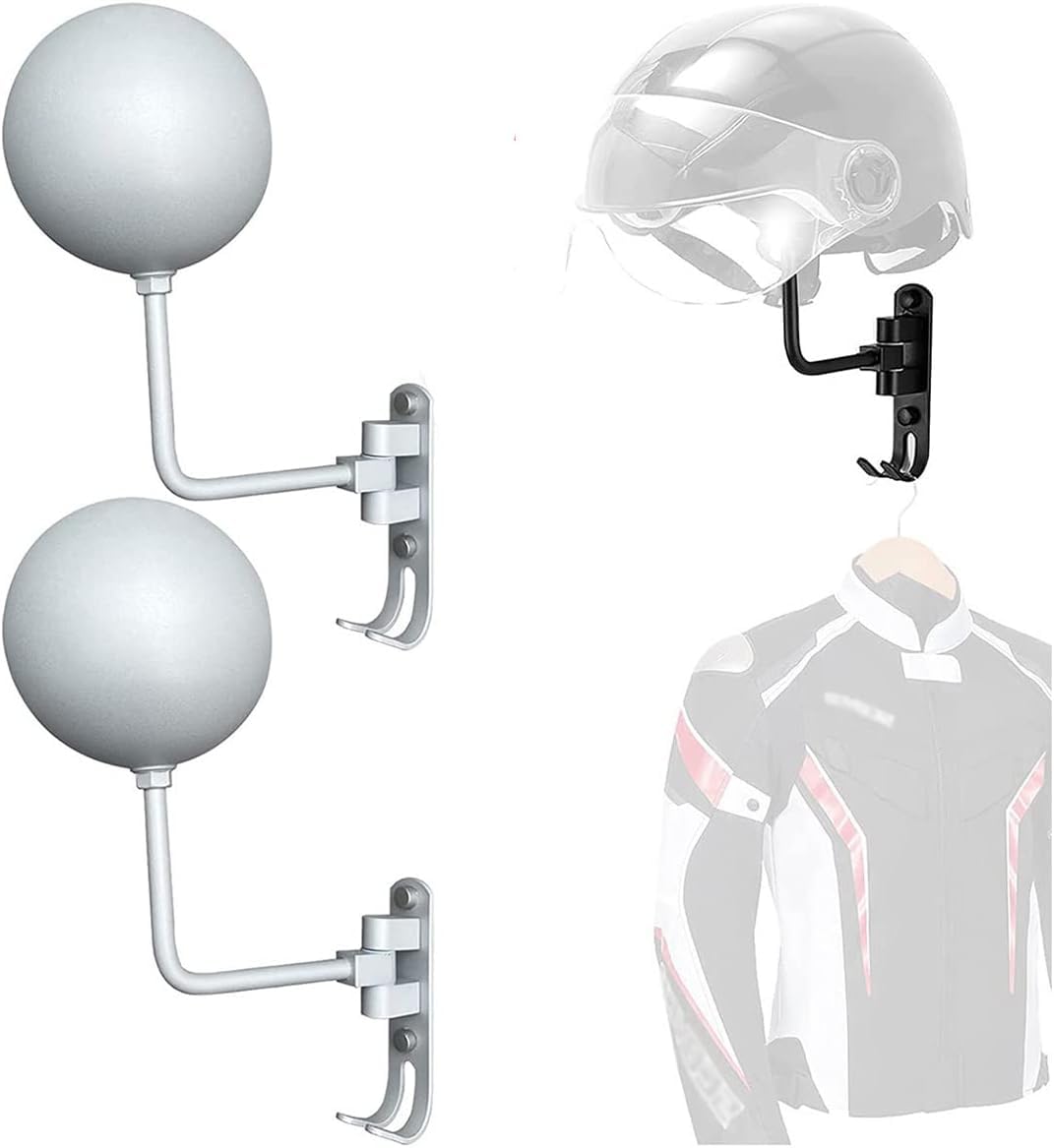 2 Stück wandmontierter Helmhalter, um 180° drehbarer Motorradhelm-Präsentationsständer für Mäntel, Mützen, Fußball-Basebälle und Rugby-Helm, weiß