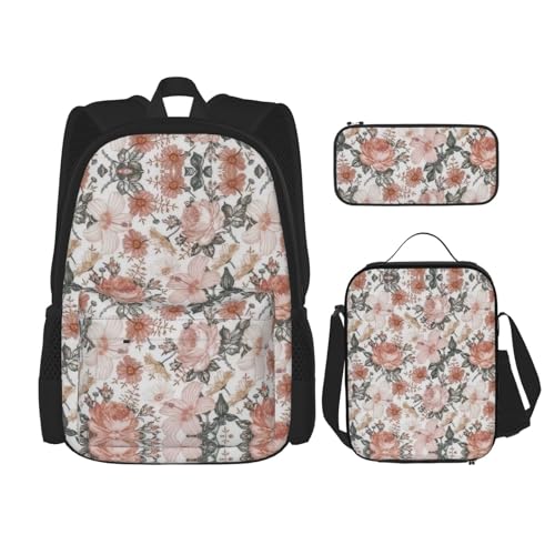 WURTON 3-in-1 Büchertaschen-Set mit Blumenmotiv Paris Eiffelturm, verstellbarer Schulter-Rucksack, Lunch-Tasche, Federmäppchen, Beutelbox, Schwarz, Einheitsgröße