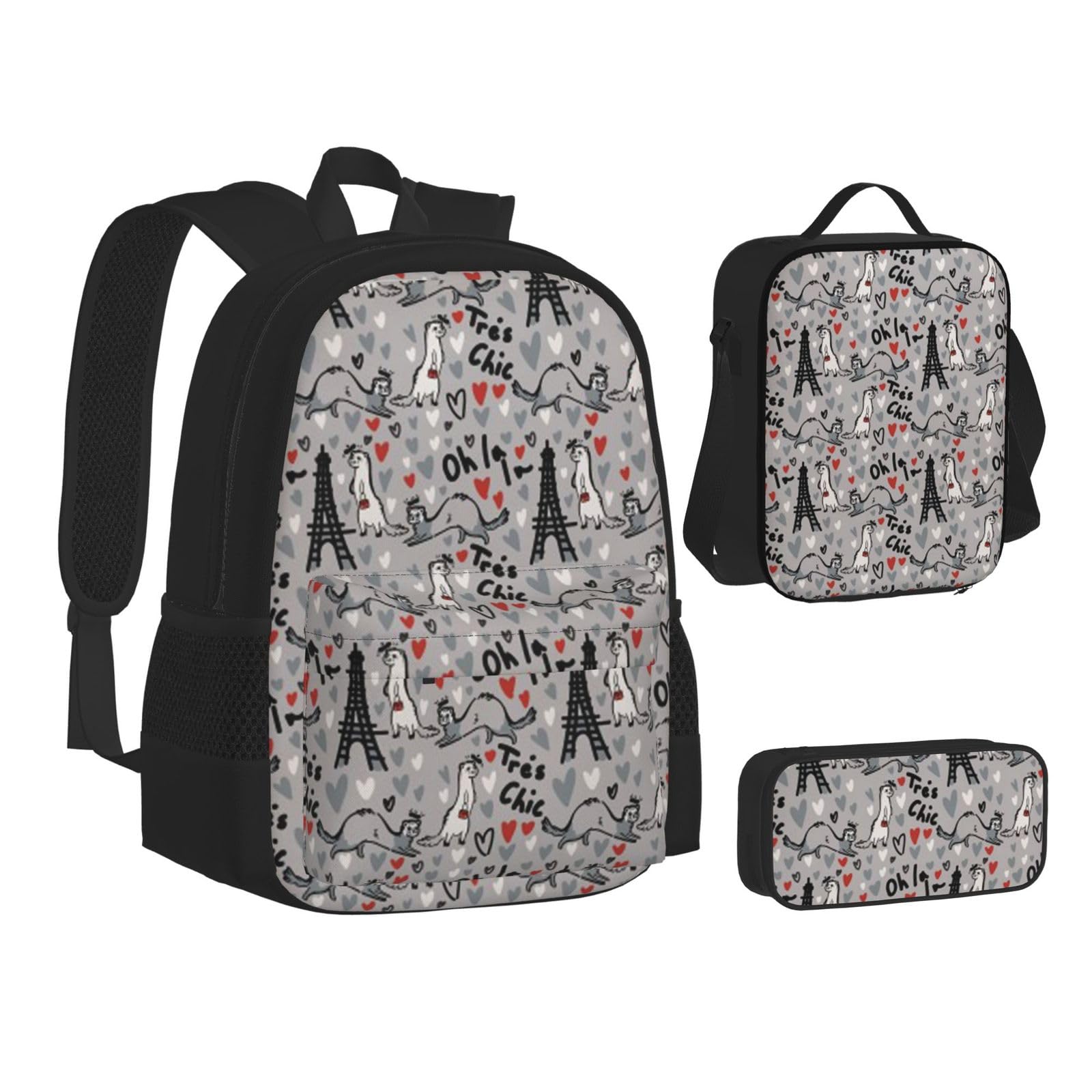 WURTON Französisches Modemodell Frettchen Druck Rucksack Lunchbox Set, 3-in-1 Büchertasche und Federmäppchen, passende Kombination, Schwarz, Einheitsgröße