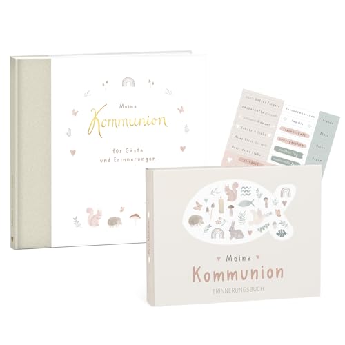 mintkind® Kommunion Geschenkset Wald "Meine Kommunion" Erinnerungsbuch + Gästebuch I 154 Seiten zum Selbstgestalten für Erinnerungen zur Kommunion I Geschenk zur Kommunion Junge & Mädchen