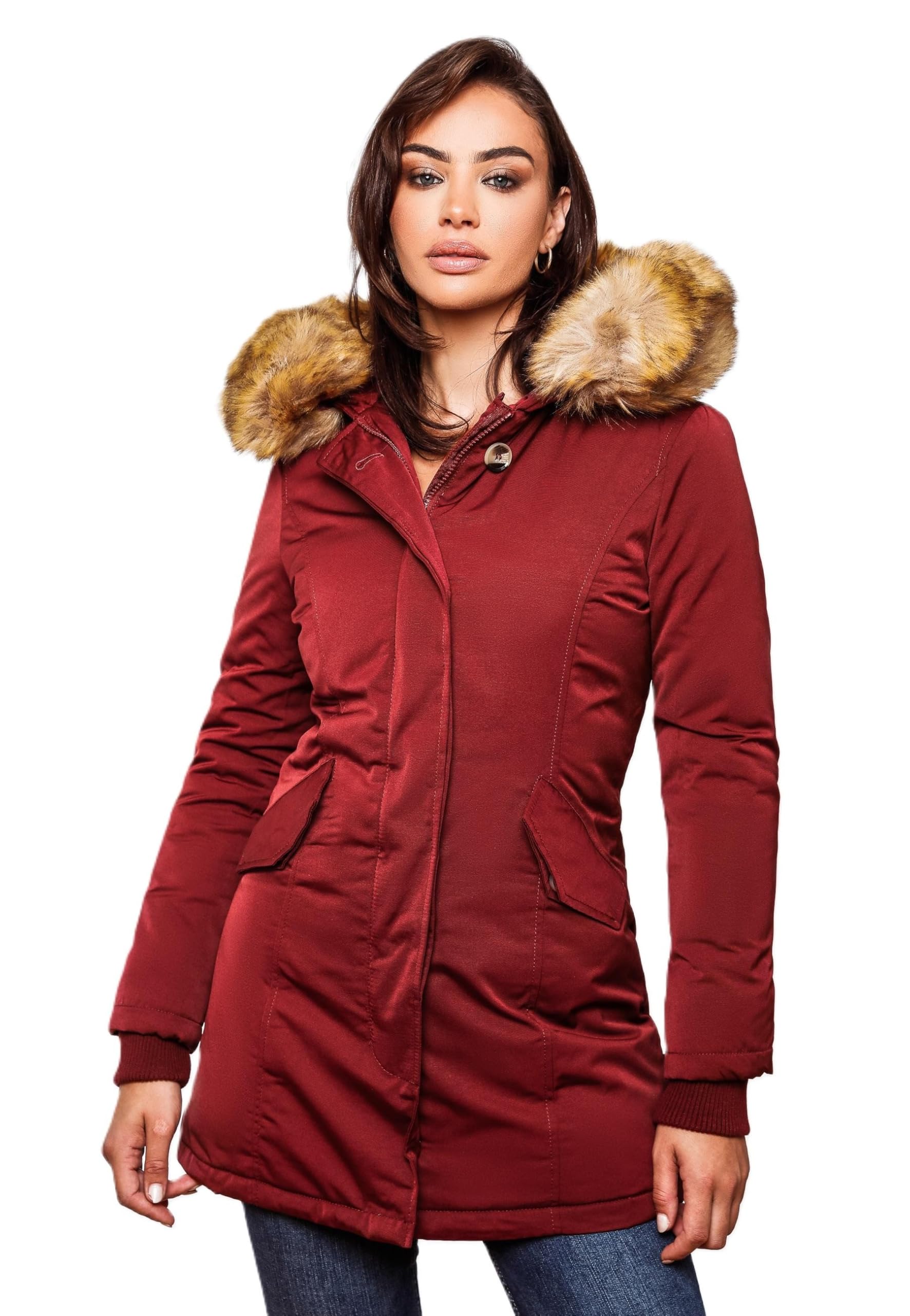 MARIKOO Damen Winter Jacke Parka Mantel Winterjacke warm gefüttert B362 [B362-Karmaa-Blood-Red-Gr.S]