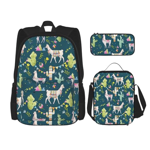 WURTON Lama Tier Alpaka Tropischer Kaktus Druck Schulrucksack 3 in 1 Büchertasche Set mit Lunchbox Federmäppchen Reise Laptop Daypacks