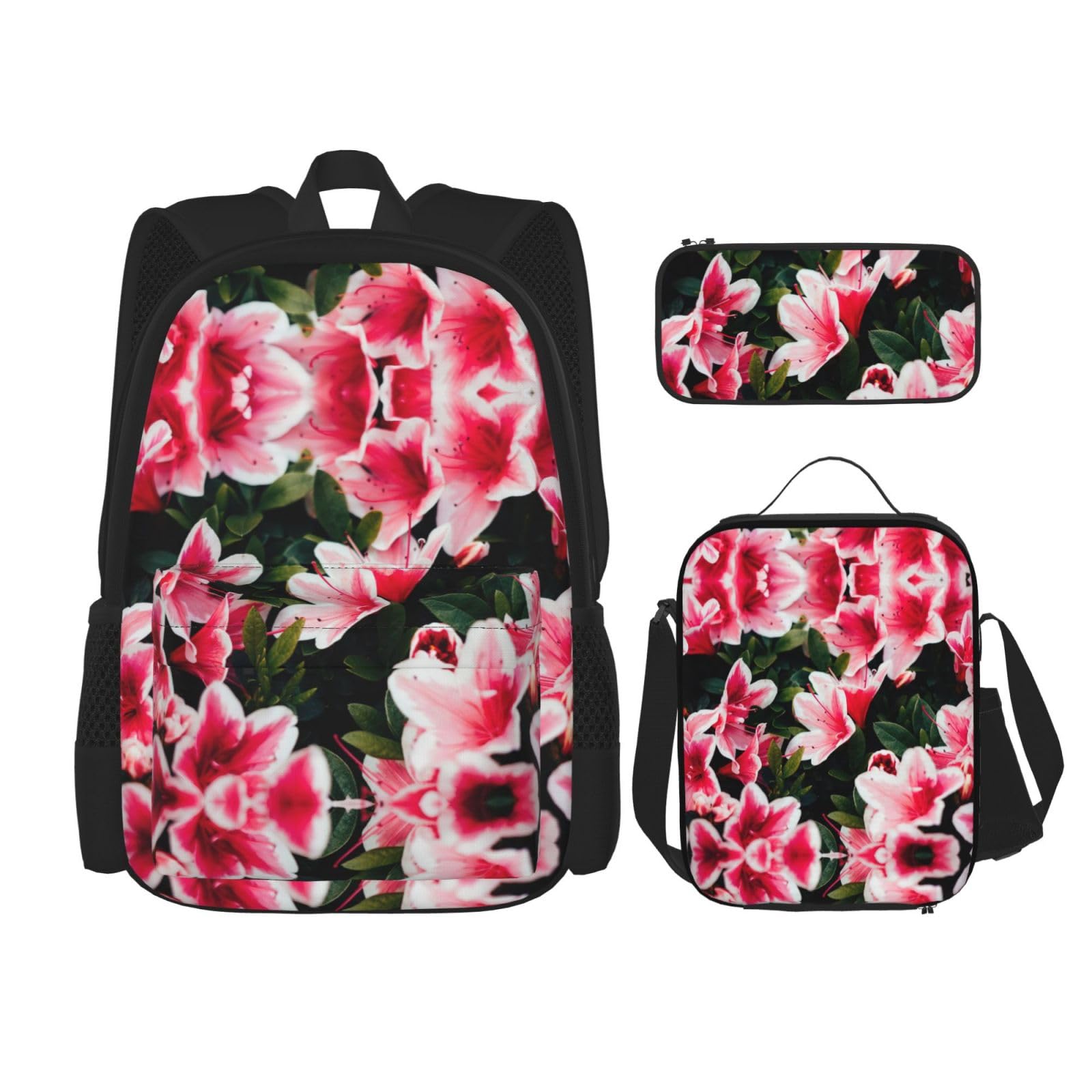 WURTON Beauty Pink Floral Flowers Print Travel Lunch Box Pencil Case Backpack Set 3 Pieces Adjustable Straps Lightweight