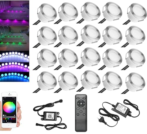 20er RGB LED Bodeneinbauleuchten Aussen WIFI DC12V Ø45mm IP67 Wasserdicht Einbauspots LED Terrasse Einbaustrahler Bodeneinbaustrahler Kit Arbeitet mit Alexa,Google Home