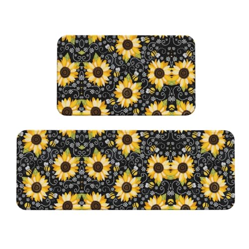 YQxwJL Küchenmatte mit Sonnenblumen-Motiv, 2-teilig, rutschfest, wasserdicht, für Flur, Büro