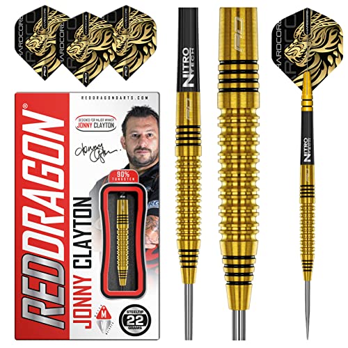 RED DRAGON Jonny Clayton Gold 22 Gram Professional Tungsten Dartpfeile Set mit Flights and Schäfte (Stems)