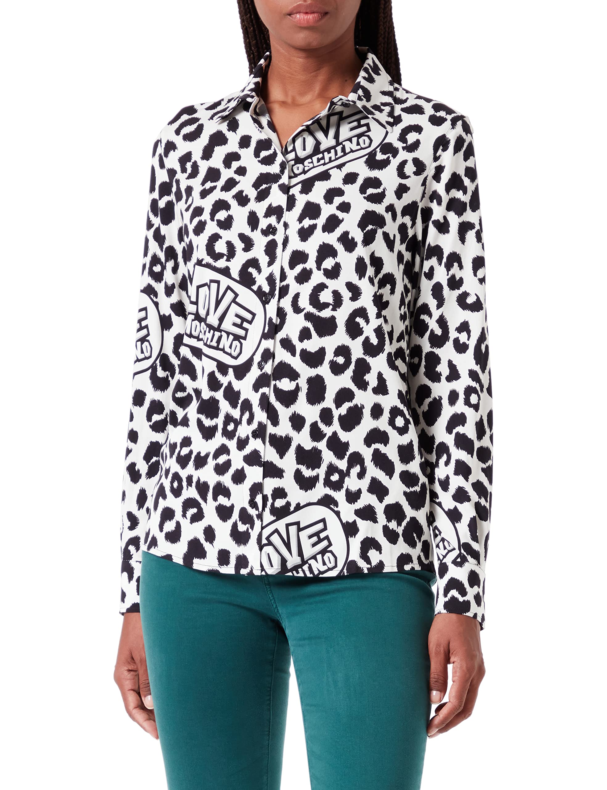 Love Moschino Damen Regular Fit Long Sleevewith Animalier Allover Print. Shirt, Beige Black, 46 EU