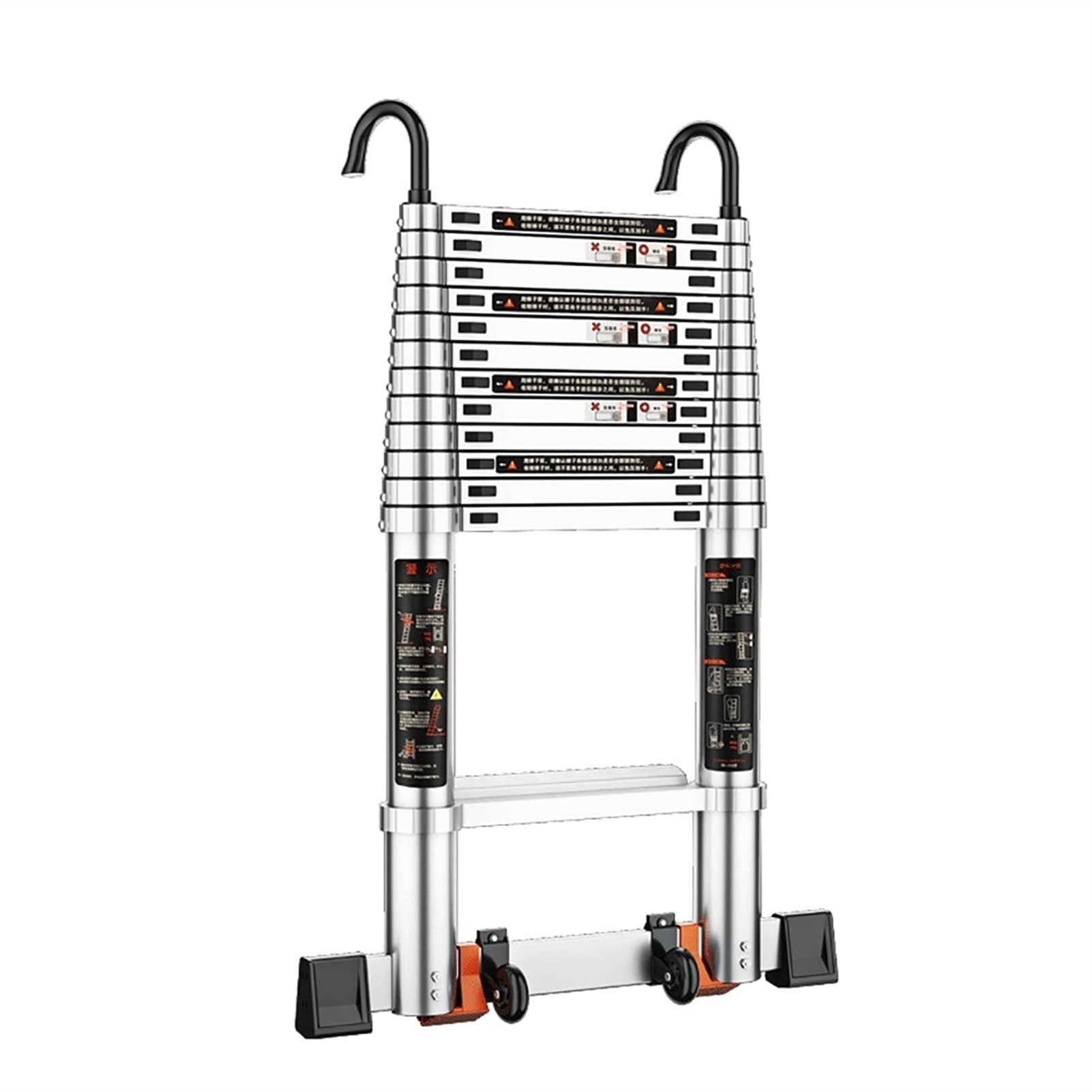 RASOANOA Aluminium-Ausziehleiter mit Rädern, Teleskopleiter und Dachboden-Dachhaken-Set, Teleskopleiter, faltbar, Tragkraft max. 150 kg/330 lb Ambitious