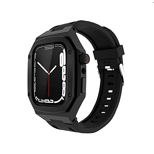 KANUZ Armband und Hülle für Apple Watch Band 45 mm/44 mm, Metall, Edelstahl, Retrofit, einteilige Schutzhülle für iWatch Serie 8, 7, 6, 5 SE (Farbe: Schwarz, Größe: 44 mm)