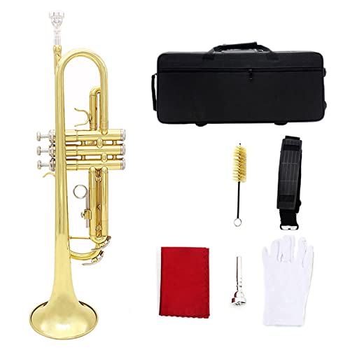 ZENGXUE Goldene Trompete BB B Flaches Messing-Instrument-Leuchtstoff-Kupferhorn Mit Box Strap-Mundstück-Musikinstrument Standard-Trompetenset