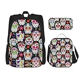 WURTON Sugar Skulls Print Trendy Rucksack Taschen Lunchbox und Federmäppchen 3 in 1 Verstellbarer Rucksack Set, Schwarz, Einheitsgröße, Schwarz , Einheitsgröße