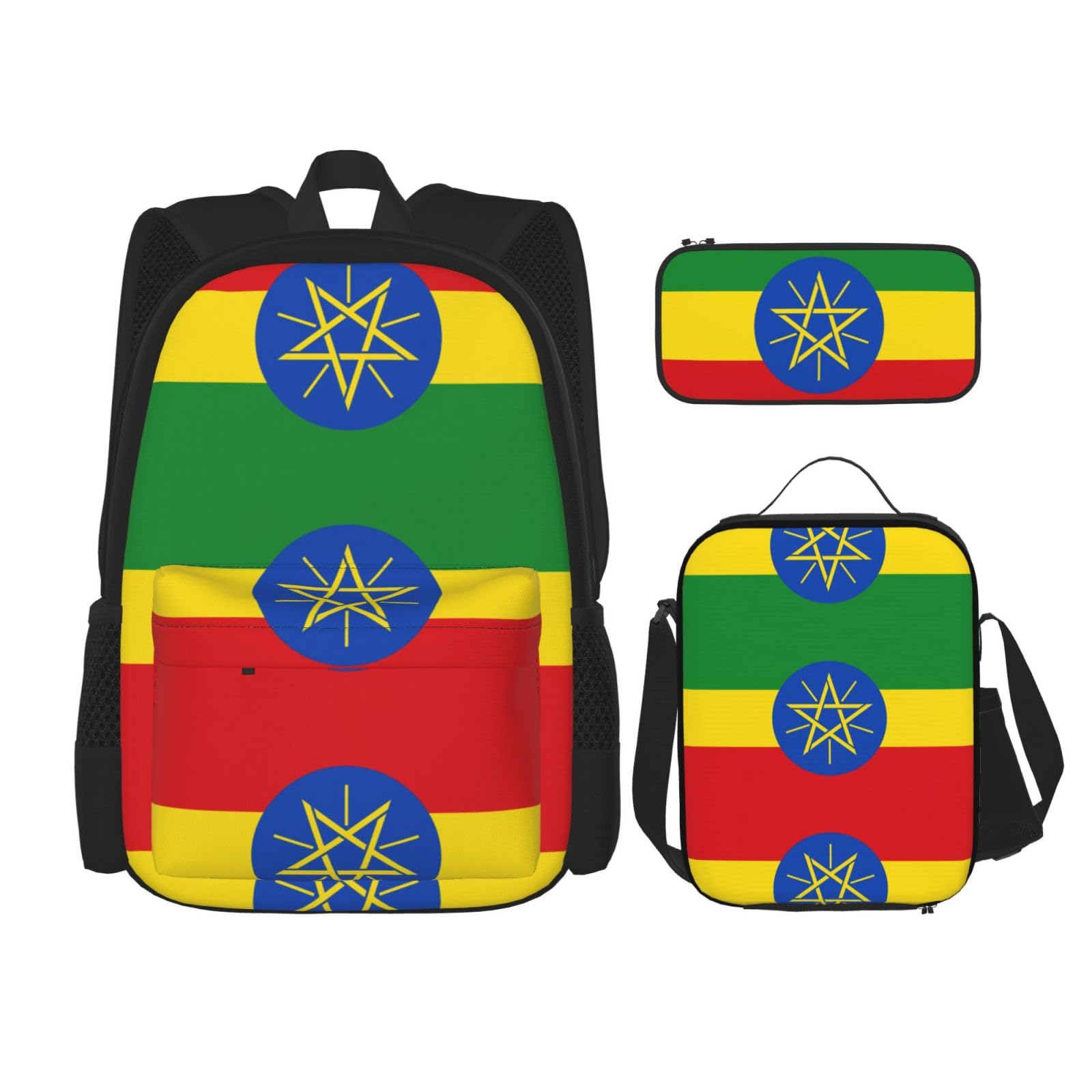 WURTON Rucksack-Set mit Flagge von Äthiopien, Schultasche mit Lunch-Tasche, Federmäppchen, Kombination, Schulranzen-Set