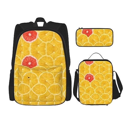 WURTON Summer Lemon Print Rucksack Mädchen Jungen Schultaschen Teenager Lunchbox und Federmäppchen 3-in-1 Büchertaschen-Set