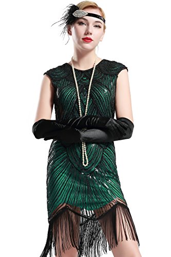 BABEYOND Damen Kleid voller Pailletten 20er Stil Runder Ausschnitt Inspiriert von Great Gatsby Kostüm Kleid (L (Fits 76-86 cm Waist & 94-104 cm Hips), Grün)