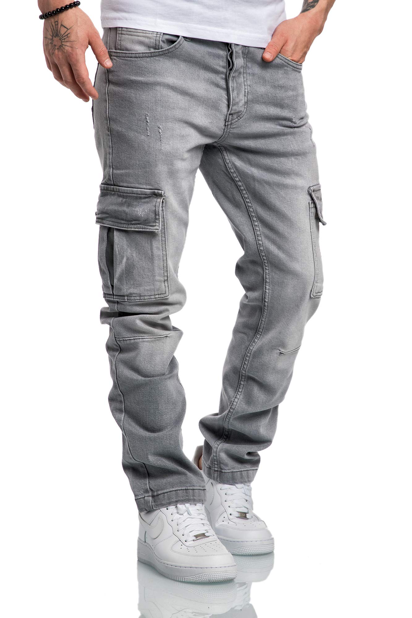 Amaci&Sons Herren Cargo Jeans Regular Slim Denim Hose Destroyed 7985 Hellgrau W34/L30