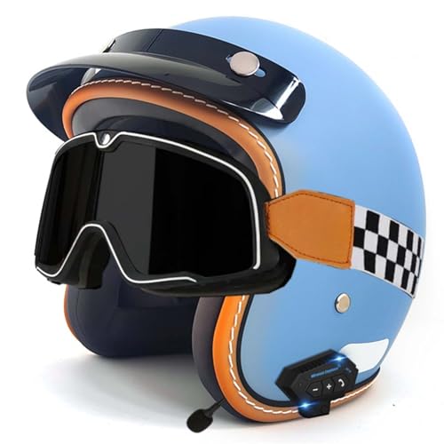 Open-Face-Helm Für Erwachsene, Bluetooth-Halbhelm, Leichter, Atmungsaktiver Retro-Scooter-Helm Mit Schnalle, DOT/ECE-Zulassung Für Männer Und Frauen G,M57-58CM