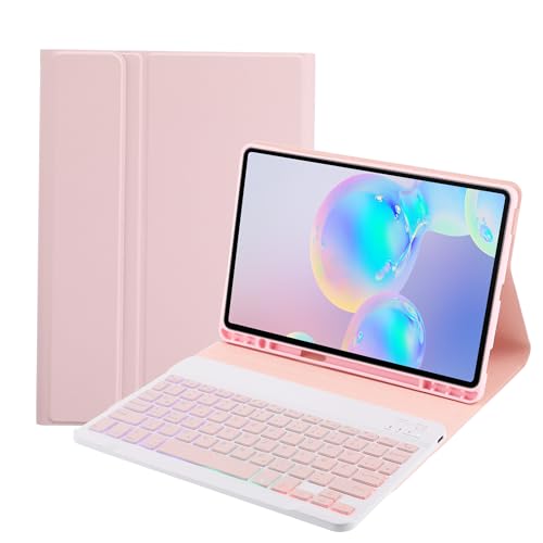 SUEEWE Tastatur Hülle für Samsung Galaxy Tab A9+ / A9 Plus (SM-X210/X215/X216/X218) 11" 2023, TPU Rückseite Hülle mit 3 Bereich 7 Farbe Beleuchtete Abnehmbarer QWERTZ Tastatur, Rosa