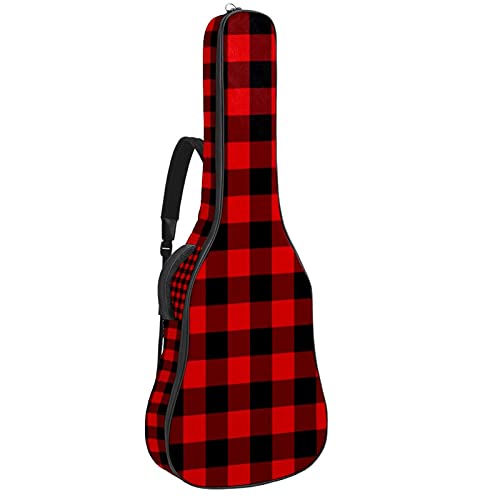 Akustikgitarre Tasche Dicke Polsterung Wasserdicht Dual Verstellbarer Schultergurt Gitarrenkoffer Gig Bag,Weihnachten Rot Schwarz Kariertes Gittermuster