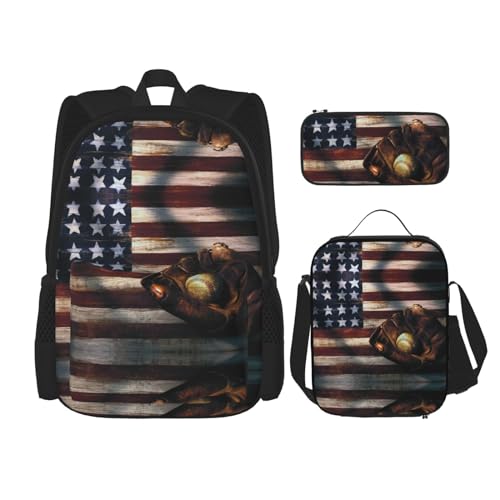 WURTON Rucksack-Set mit amerikanischer Flagge, Baseball-Druck, verstellbare Schultergurte, Lunch-Tasche, Federmäppchen, Kombinationstaschen-Set