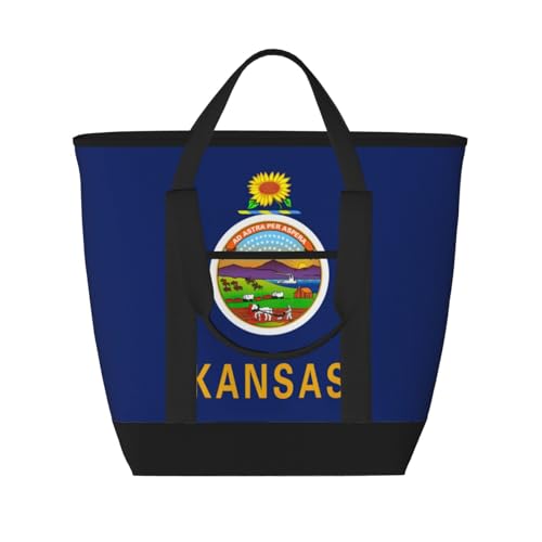 YQxwJL Kansas isolierte Kühltasche mit Staatsflaggen-Druck, großes Fassungsvermögen, Einkaufstasche, Reisetasche, Strand, wiederverwendbare Einkaufstasche für Erwachsene, Schwarz, Einheitsgröße