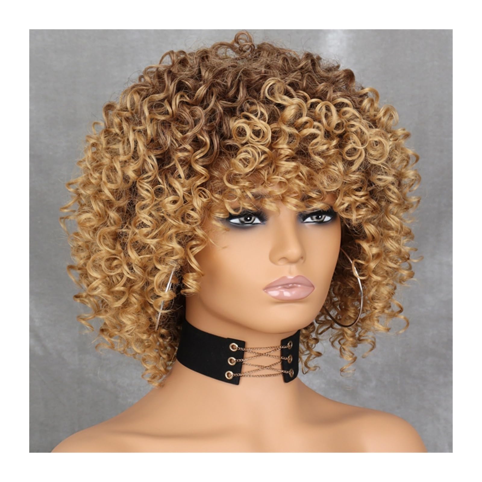 Perücken für Frauen Lockige Afro-Blonde Perücke mit Pony, schulterlange Perücken, Afro-Perücken, synthetische lockige volle Perücke for Frauen für die Tägliche Party Cosplay Tragen