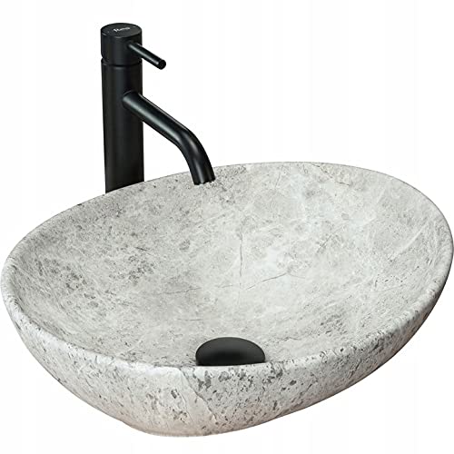 REA Waschbecken Waschtisch Aufsatzwaschbecken Keramik Handwaschbecken Aufsatz Waschschale Oval 35x40 Schwarz Marmor Badezimmer Armatur Wasserhahn Bad Armaturen Nano-Beschichtung