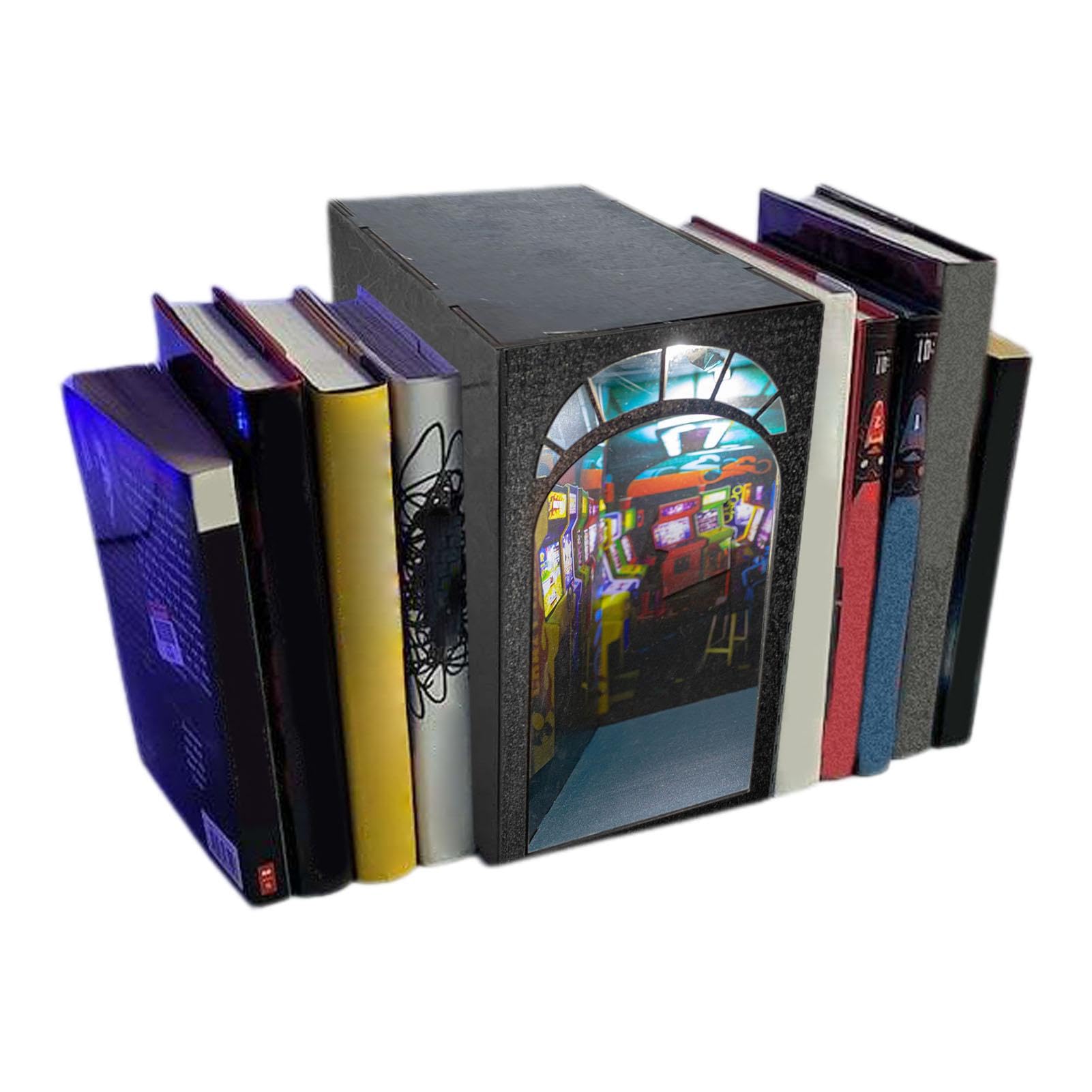 Arcade Themed Book Nook - 3D Wooden Puzzle Bookend Kit - Punk Video Arcade Book Nook Puzzle Kit - Arcade Book Nook Puzzle Kit Punk Video Arcade, LED Light Miniature, Craft for Adults Collectors